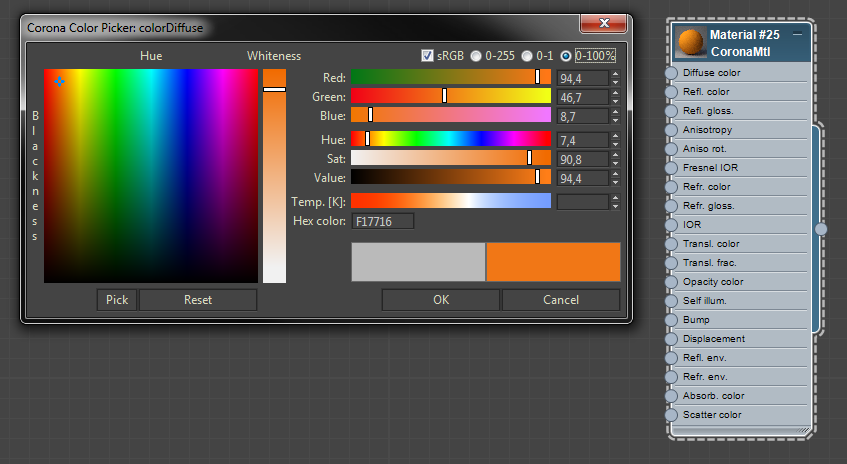 Look at Corona Color Picker to see how you could improve standard max color picker. 