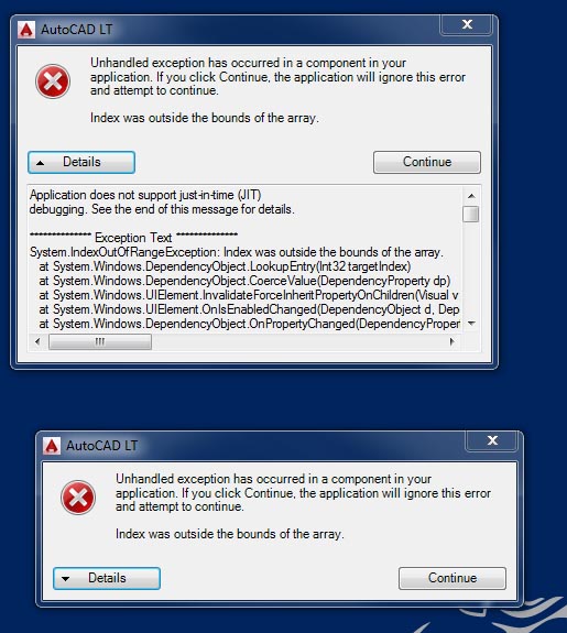 autocad civil 3d 2014 opening error unhandled exception