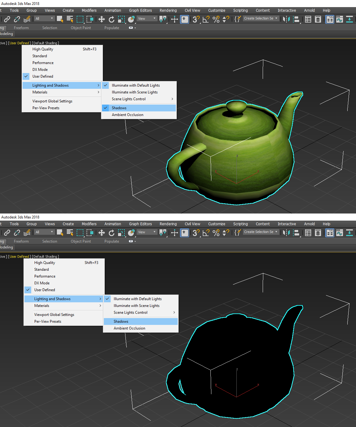 3ds max 2018 Viewport Problem: Black meshes with "Shadow Off" - Autodesk  Community - 3ds Max