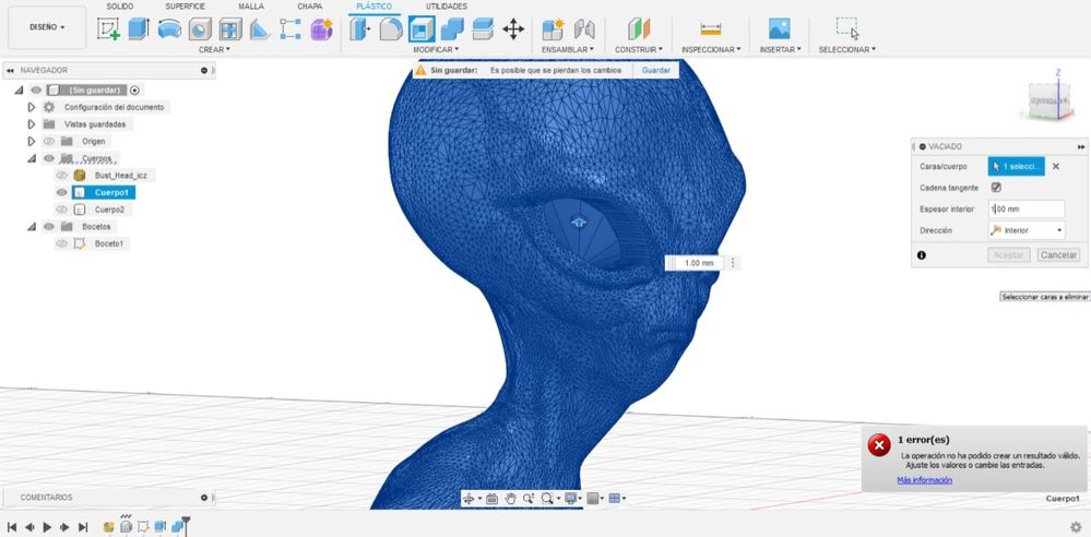 El objeto terminado que quiero ahuecar, pero como ven en el margen, da error fusion360