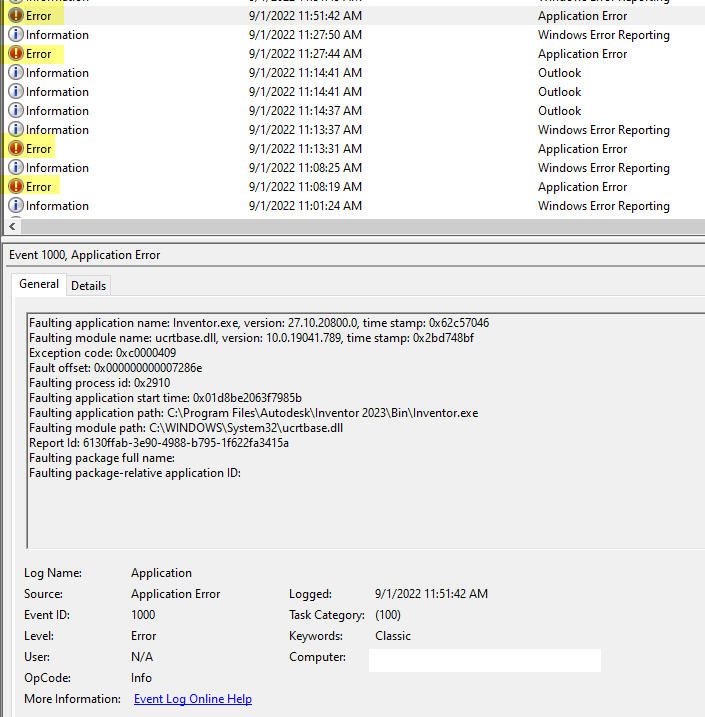 Solved: Inventor 2023.1 unexpectedly shutting down ucrtbase.dll 