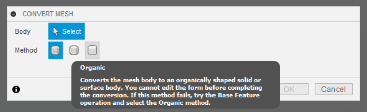 How to convert a mesh to a solid or surface body in Autodesk Fusion