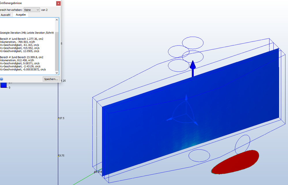 bottom (air outlet) --> area volume flow (812 m³/h) nearly  input (792 m³/h)