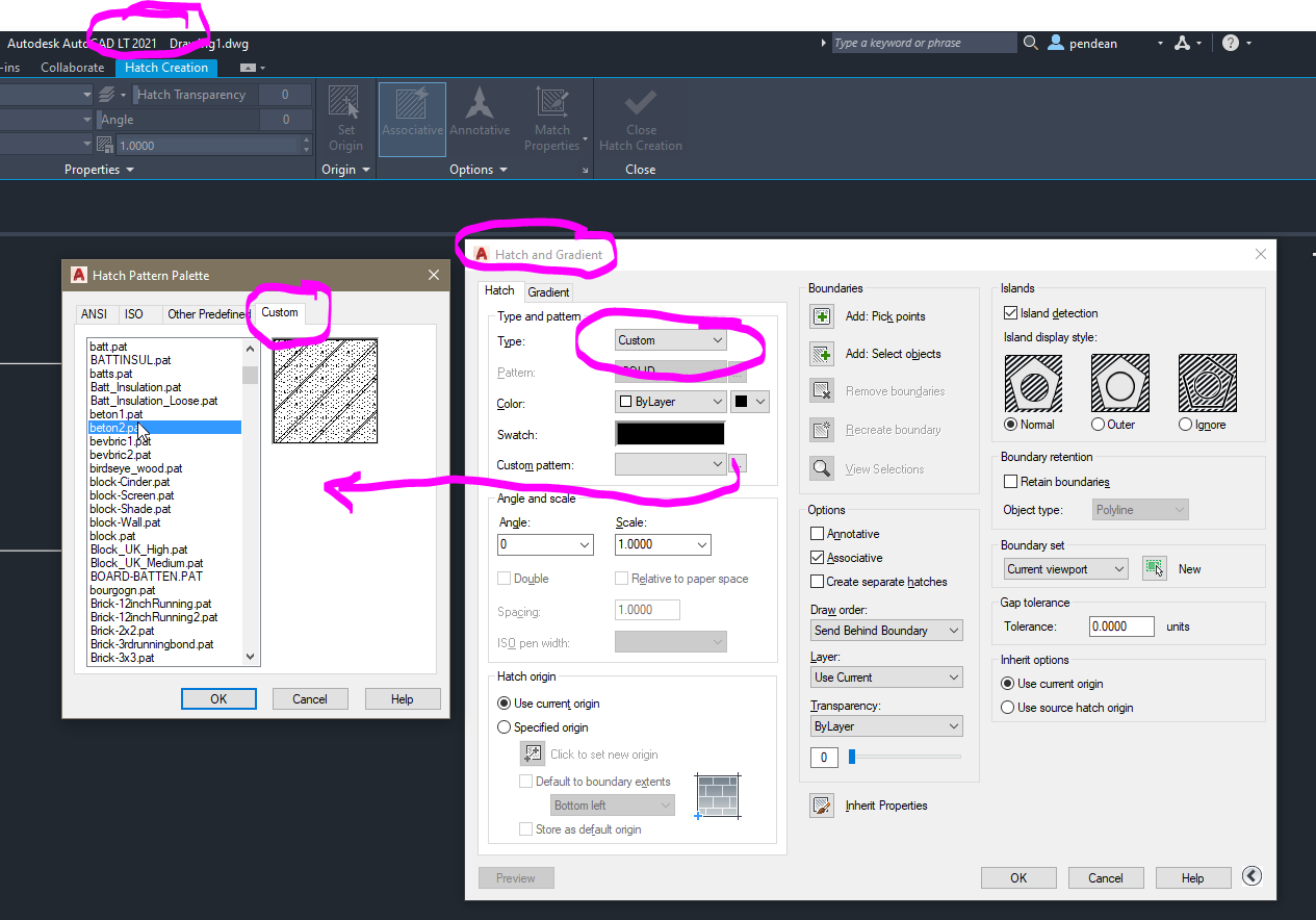 AutoCAD LT Custom Hatches will not work when accessed from the UI