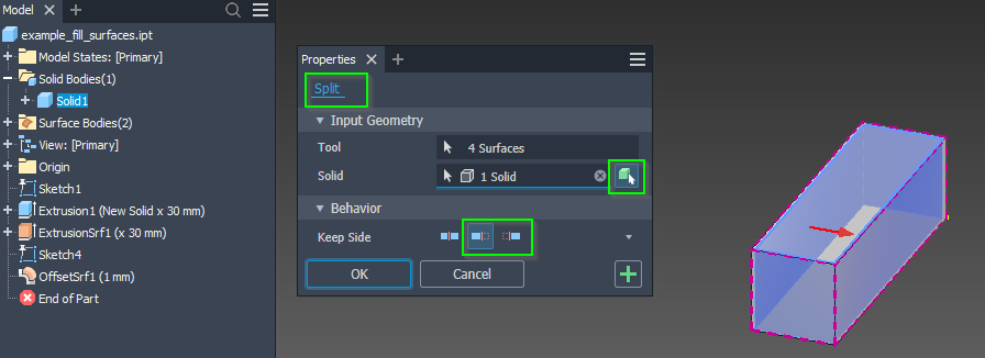 how to fill the space between two surfaces with the creation of a solid ...