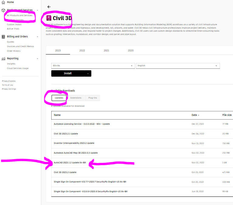 No option to download Civil 3D 2023.1 update - Autodesk Community