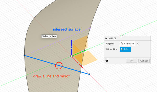 Sketch on XY plane, draw a line and mirror