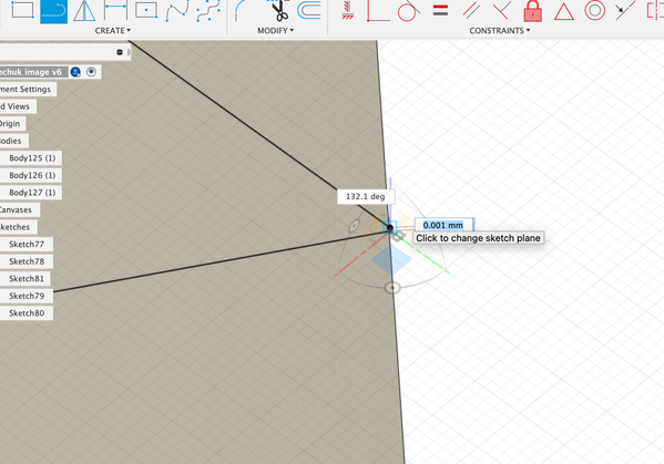 0.001mm gap between the mirrored line and the intersected point