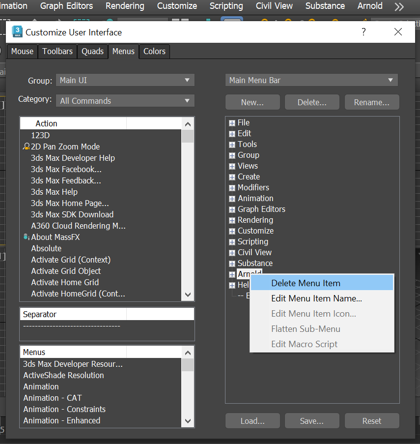 How to remove Arnold menu - 3DSMax 2023.3? - Autodesk Community - 3ds Max