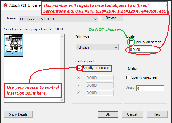 In the image above, scale 0.0100 means the inserted PDF will be 1/100th it's size.