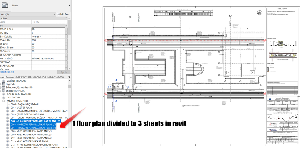 one floor plan split into 3 sheets in revit