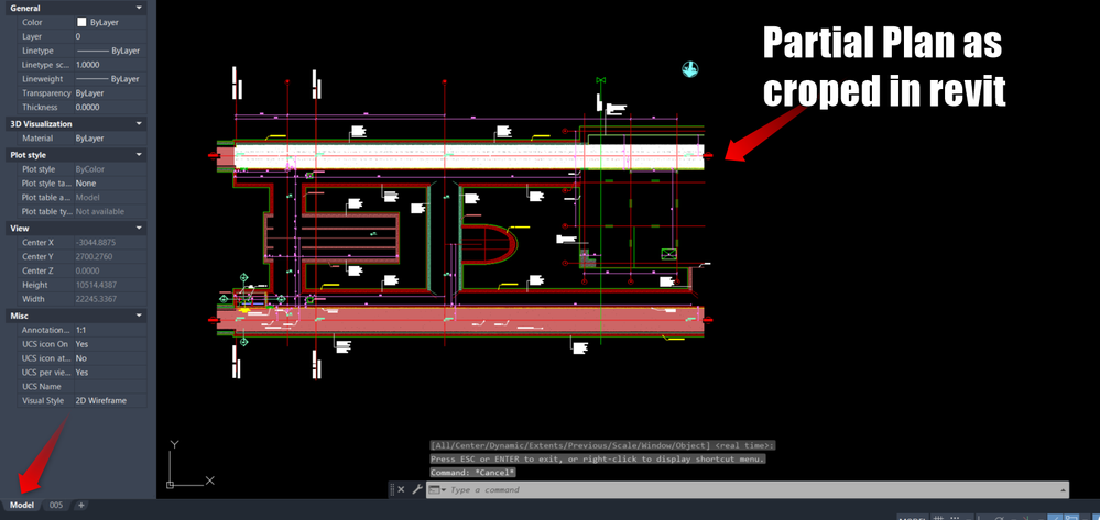 exported dwg - in model space - floor plan is partial, croped as in revit