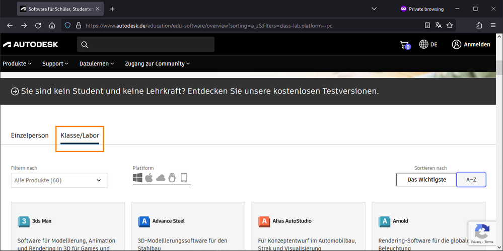 Category Klasse/Labor on German Autodesk Education product selection