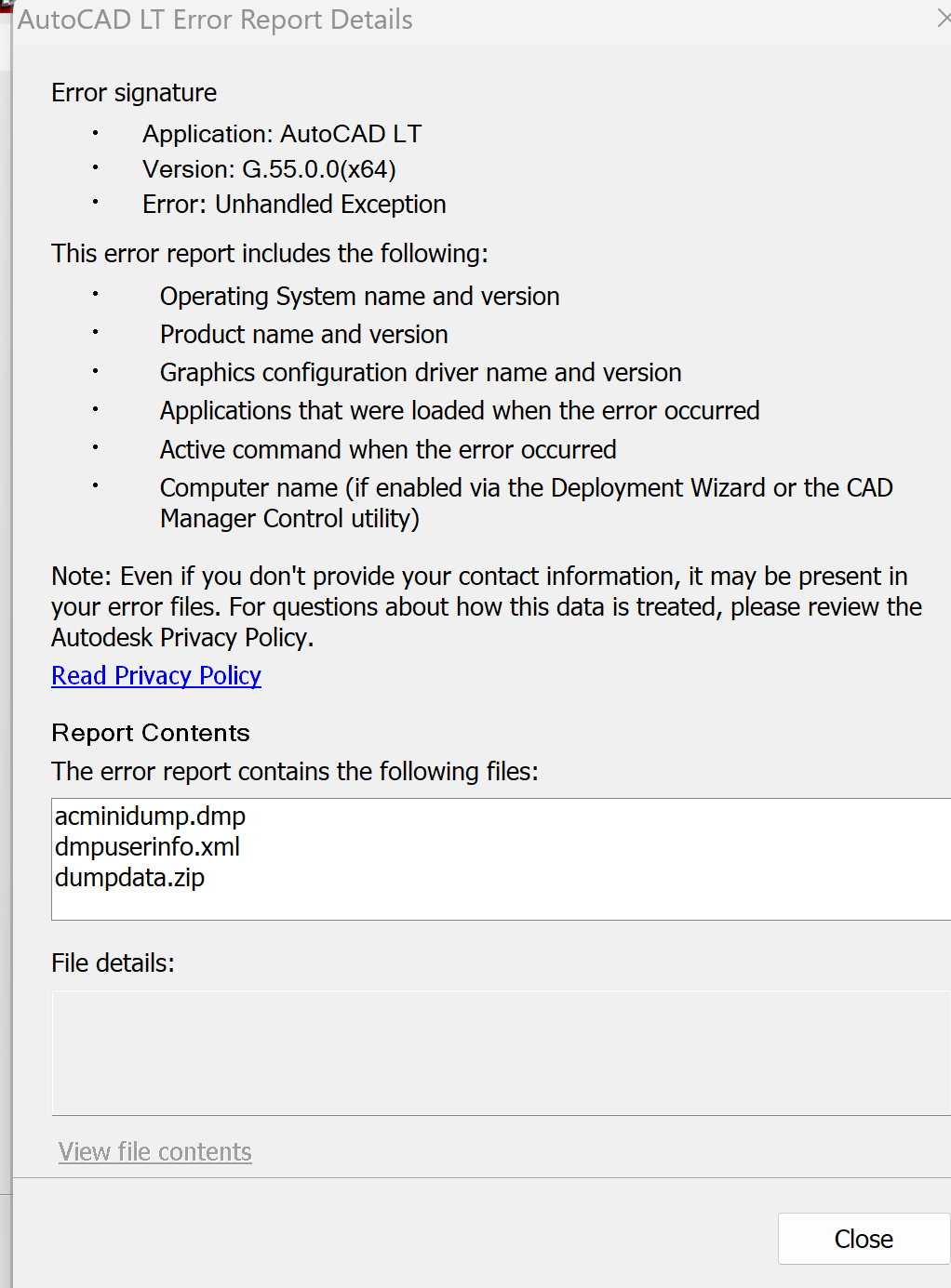 Fatal Error while opening the file in AutoCAD LT 2013 on Windows