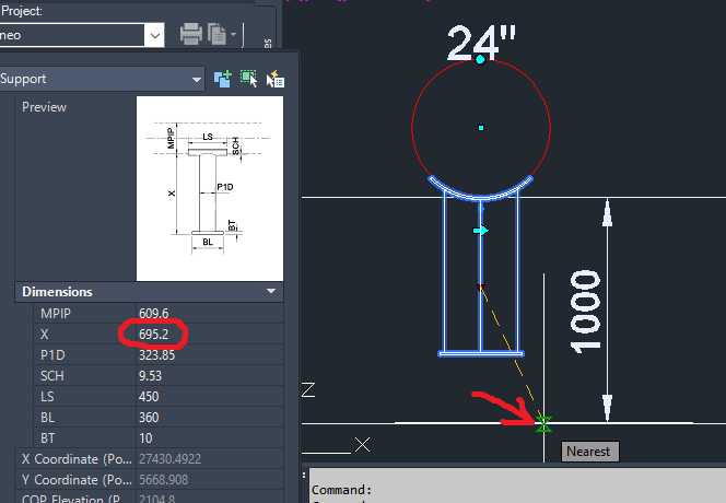 snapping support drag point to location resulting in wrong length (less about half of pipe OD OD)