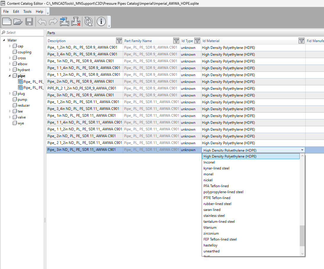 Add/Edit the Material list in the Pressure Pipe SQLite File - Autodesk ...