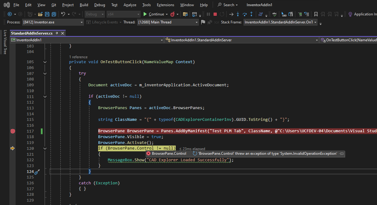 BrowserPane.Control is throwing an exception in Addin Autodesk