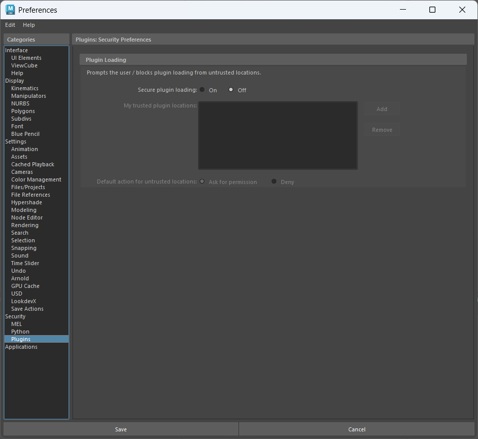 Maya Security Preferences