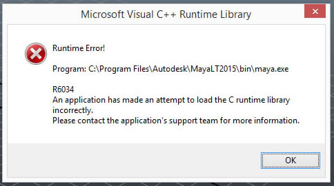 Maya Maya Lt Microsoft Visual C Runtime Library Error R6034 Win8 1 64bit Autodesk Community Subscription Installation And Licensing