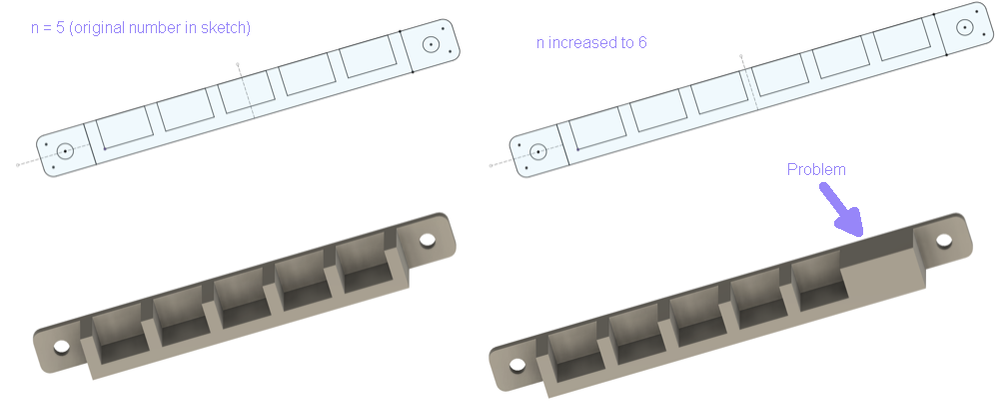 Won't extrude correctly if value increases beyond initial value (in this case 5).