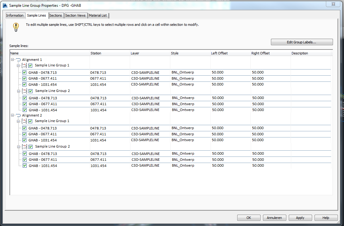 CREATING SECTION VIEWS WITH MULTIPLE SAMPLE LINE GROUPS FROM MULTIPLE