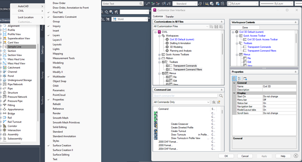 Toolbars are available for use in the drawing but do not appear in the CUI customization menu or active workspace tools.