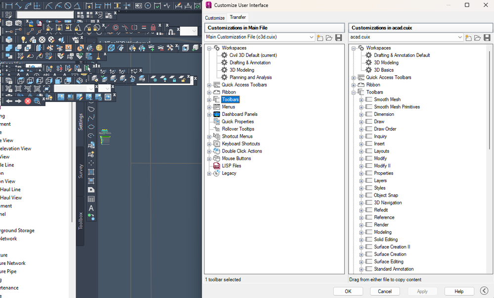All the replaced toolbars in top left, transfer file & full CUIX in menu