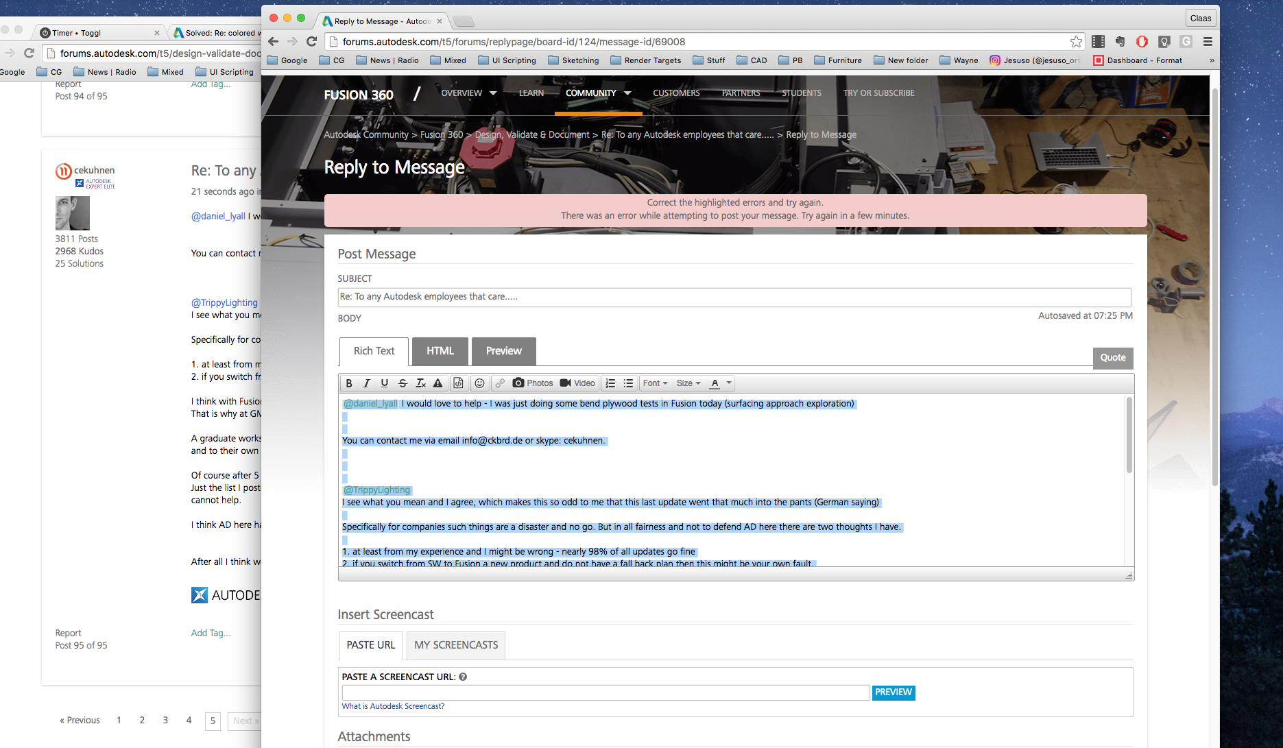 still getting error messages when making new posts - Autodesk Community