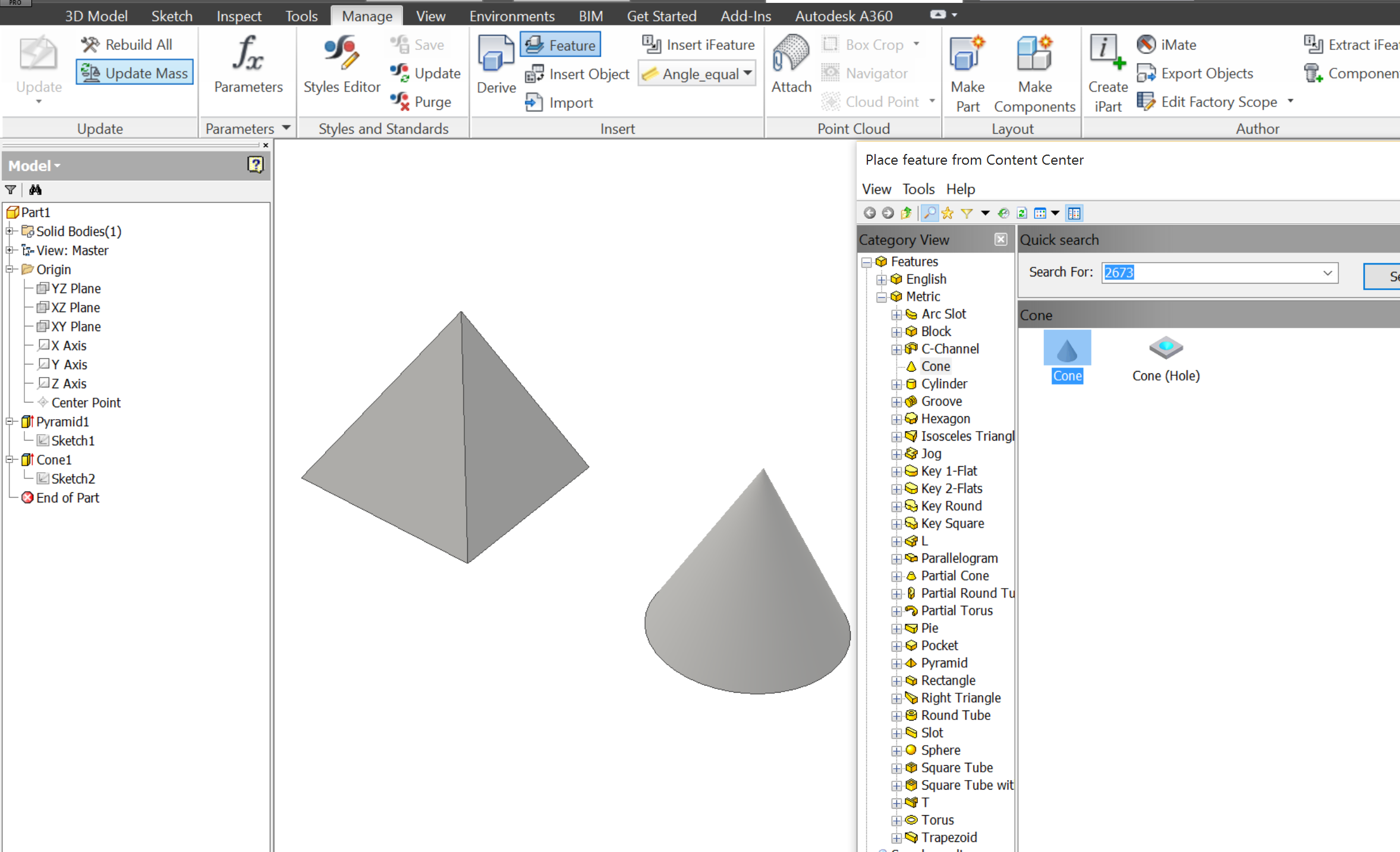 To add Cone or Pyramid in Model Environment of hierarchy Inventor