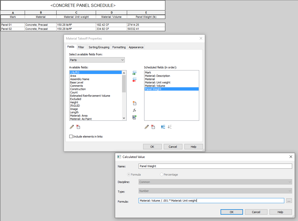 Calculated field in a schedule--Determining weight of concrete panels