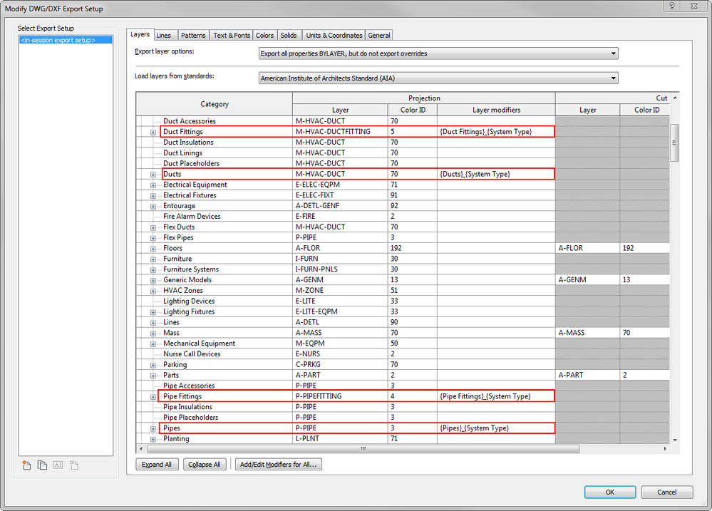 Revit to DWG Export - Layer Modifiers Color Settings not applied to