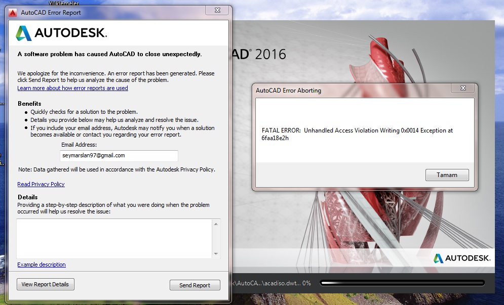 Autocad error report hatası