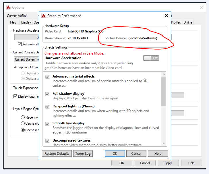 Solved: Hardware Acceleration disabled - Changes are not allowed in Safe  Mode: - Autodesk Community - AutoCAD