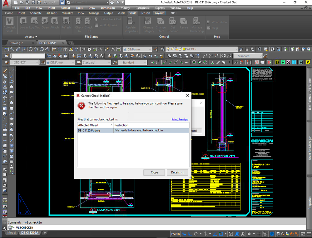 Vault 2018 Checkin AutoCAD 2018 file using Ribbon save loop