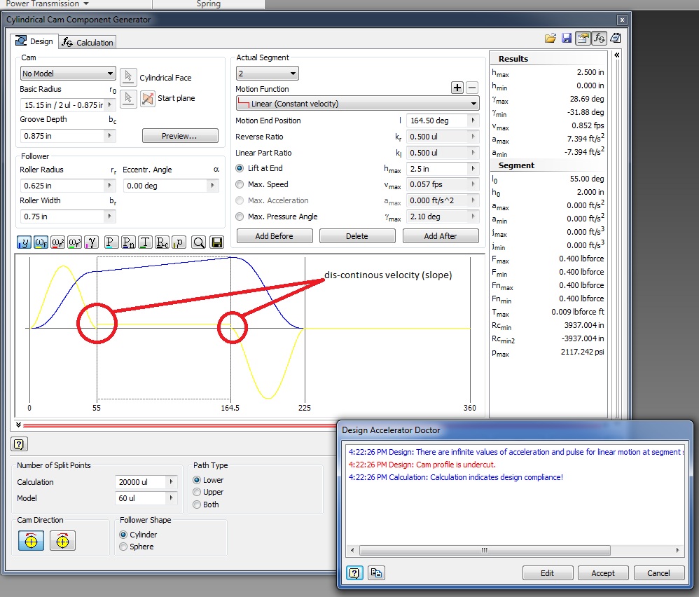 Cylindrical Cam Component Generator, infinite acceleration problem