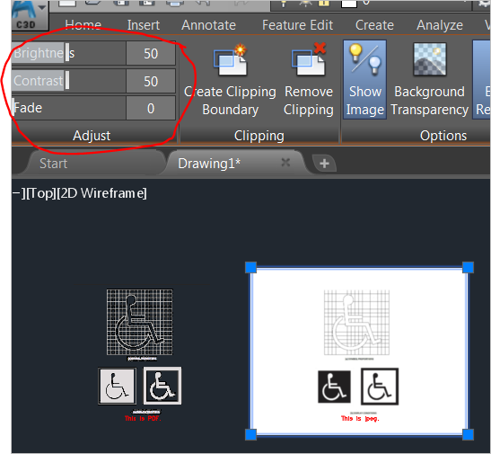 Adjust panel in contextual ribbon when clicking the jpeg. On left the the raw pdf.