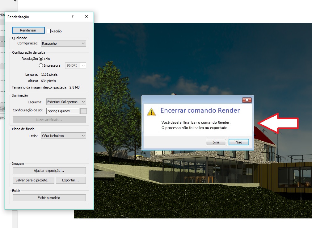 Aviso ao fechar o comando Render (Warning when closing Render command ...