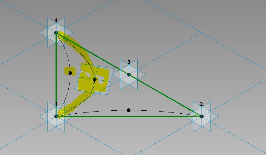 You may need a reference point to get that curve, or you may use another adaptive point which you can place wile placing other adaptive point on curtain panel...( Select three point, and create Spline ) curve, arc, circle etc wont work...