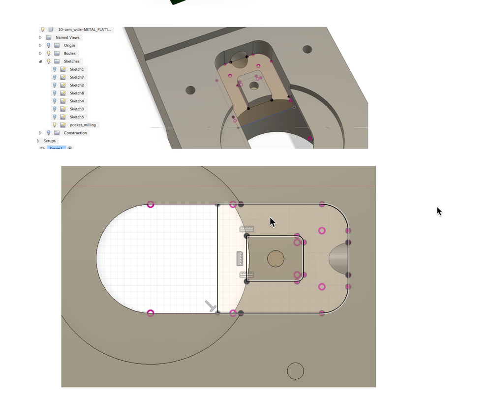 tried creating a sketch "pocket milling" - a projection of the bottom of the channel with some additions