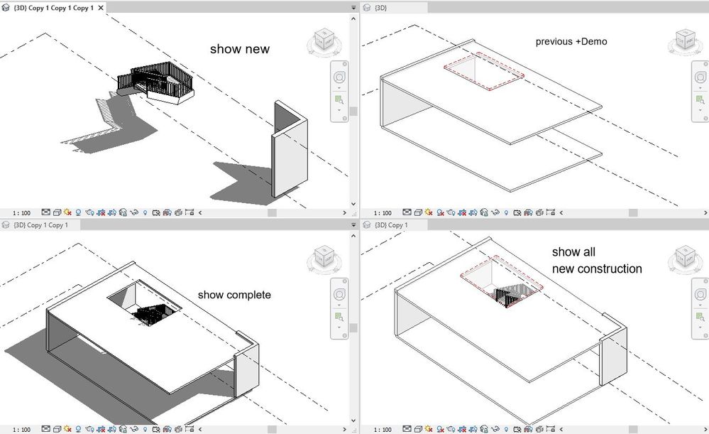 Model the cut as part of the floor and demolish it in new phase... only then you can see that part in demo..