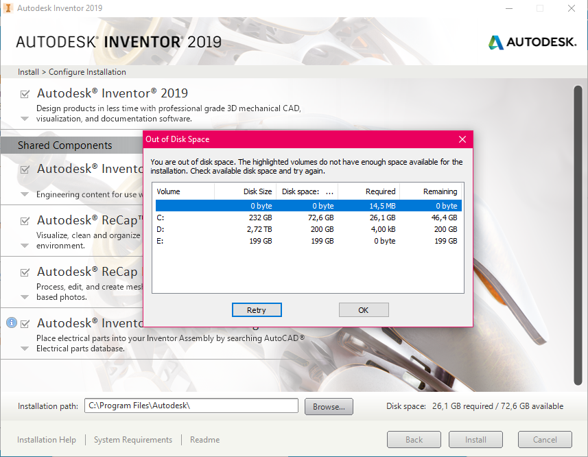 Inventor 2019 requires space on a disk that doesn't exist - Autodesk  Community - Inventor