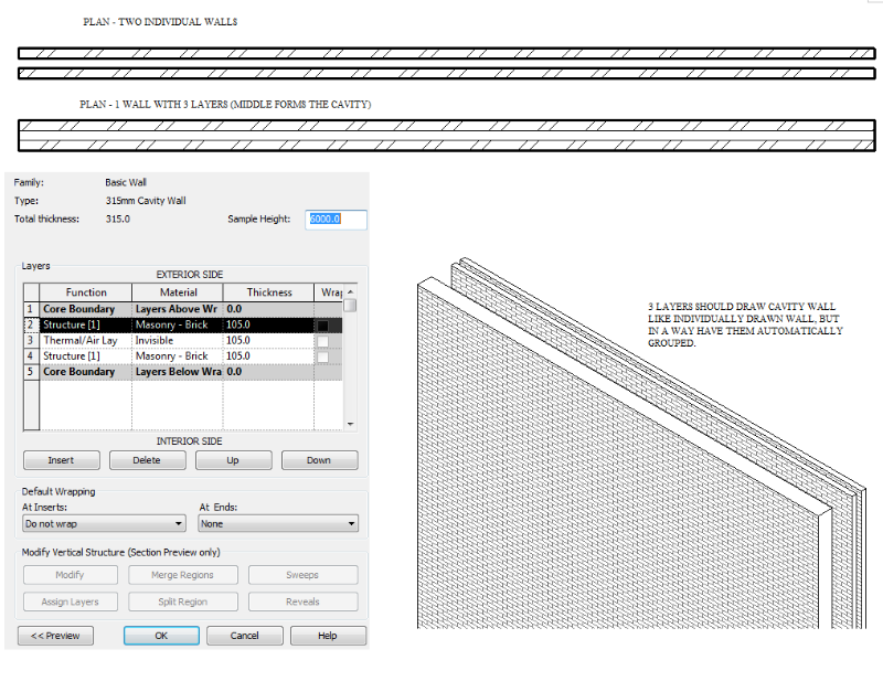 Cavity Wall Drawn as 1 wall with 3 layers & 2 single walls