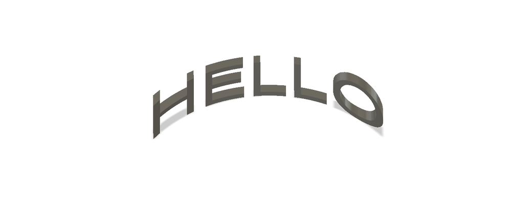 The final result is a significantly curved text relative to the curviture of the cylinder wall and the size of the text relative to the cylinder. As you can see the word Hello is curved inwards on the X plane.