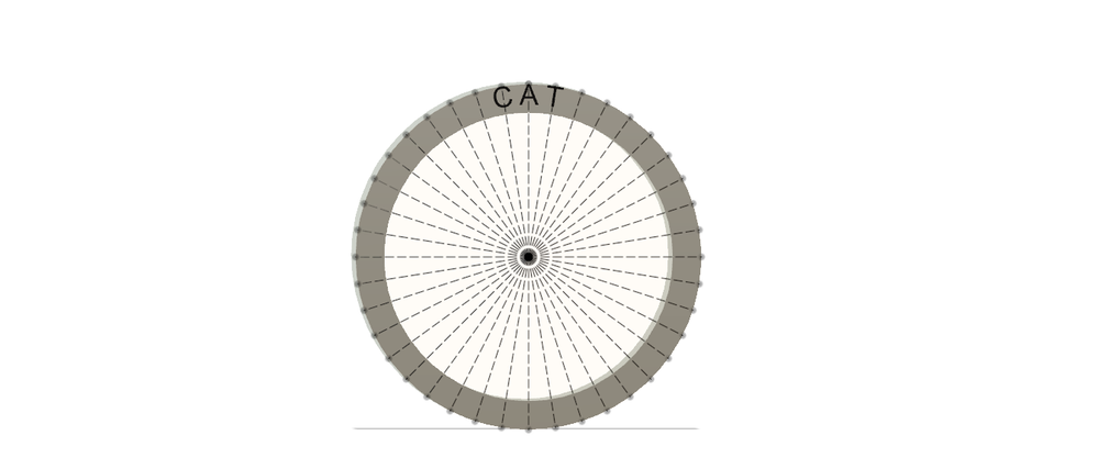 The lines are separated at every 9 degrees which makes a total of 40 dividing lines. Then I created a letter that matched the dimensions of this setup and and extruded it. Next, I selected the letter 'C' from within the browser and chose the 'move' command and selected 'Free Move' and rotated the letter to the same degrees as the line I was planning on connecting it to which was 9 degrees. Then I selected the 'point to point' move feature and rotated to the back of the letter and chose a point location that was centered on the letter and then for the target point I chose the outermost point of a dividing line just one position left of the top center line and the letter moved precisely to the location to merge those two points. The letter 'A' required no rotation of the angle of course and all I had to do with that was match two points with the 'point to point' move feature.