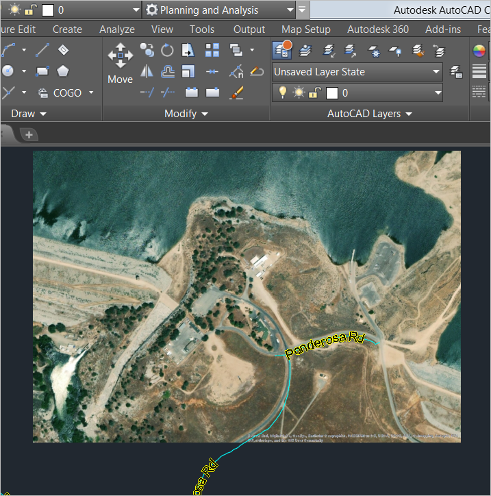 3-Image exported from ArcMap. Data Connect to C3D. Road shapefile with labels.