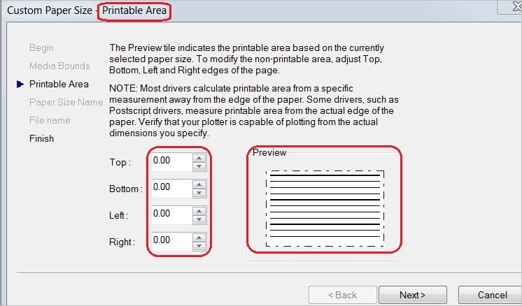 2-This is how you eliminate non-printable areas. Watch the dotted line move to the edge in preview when you make the margins 0.
