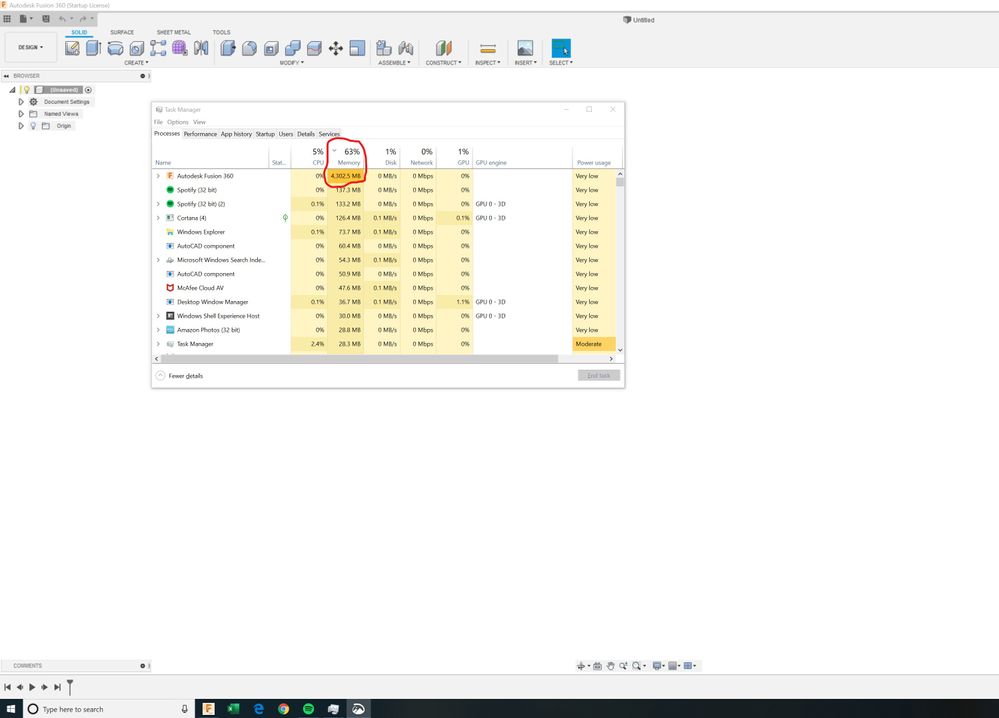 Even after closing all open files in Fusion 360, the program still retains all its RAM it used.jpg