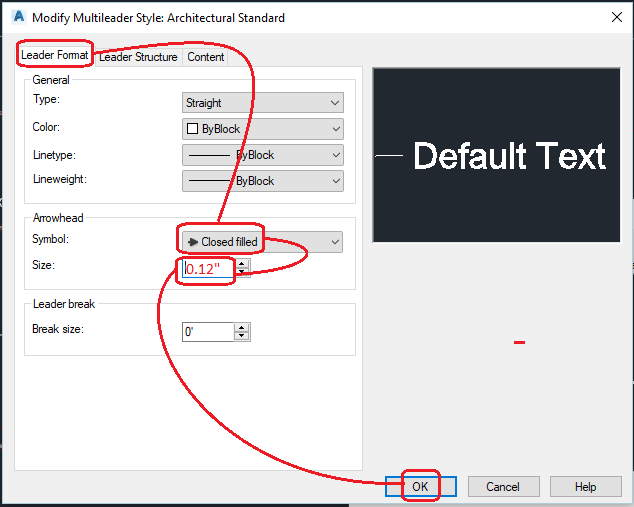 3-Change the Symbol style and Size as shown. (Don't forget the " symbol (inches).