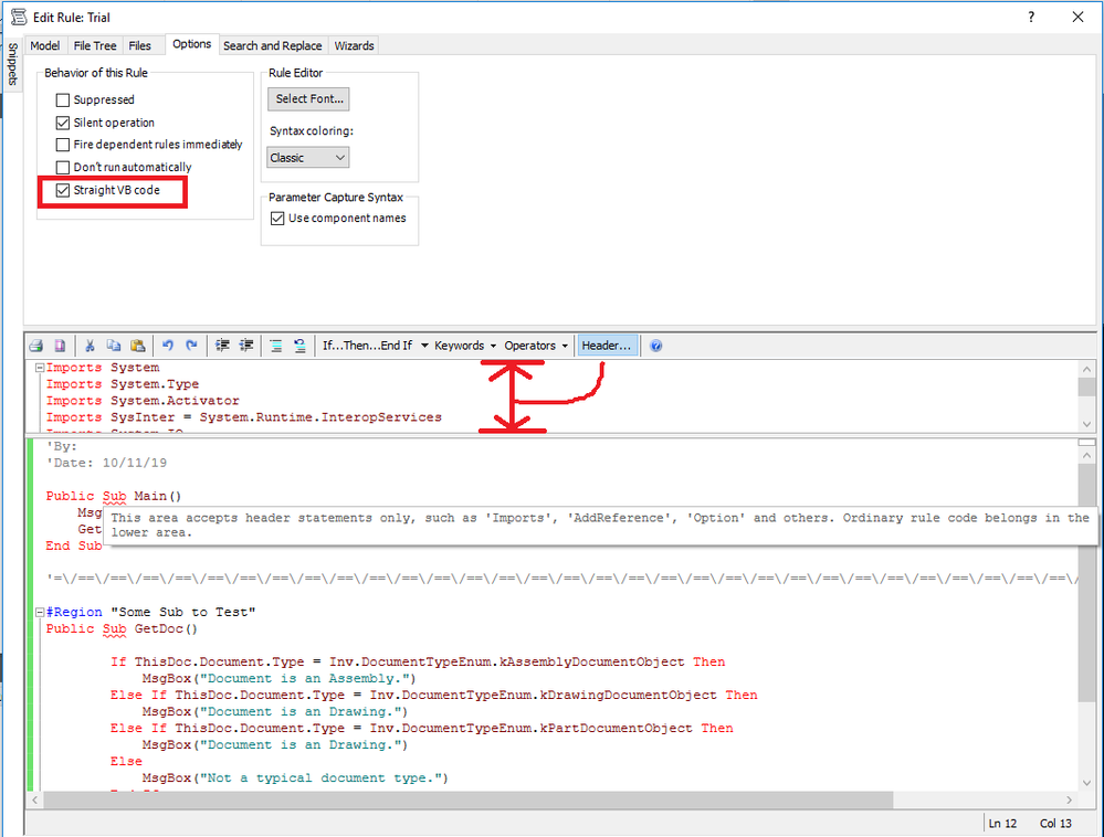 iLogic option-Straight VB code: area accepts header statements only -  Autodesk Community - Inventor