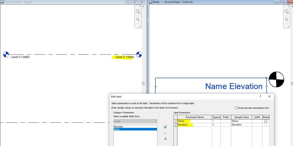 Add both parameters  ( Name and Elevation ) in one go, so it will force that sequence so show up on both side of levels..